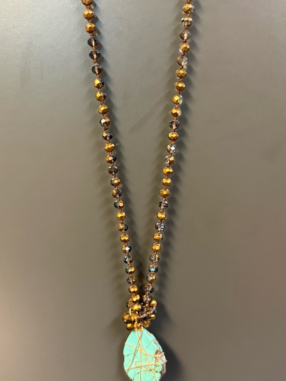 Handmade Natural Turquoise Stone with Drop Pendant with Gold Beaded 35” Chain
